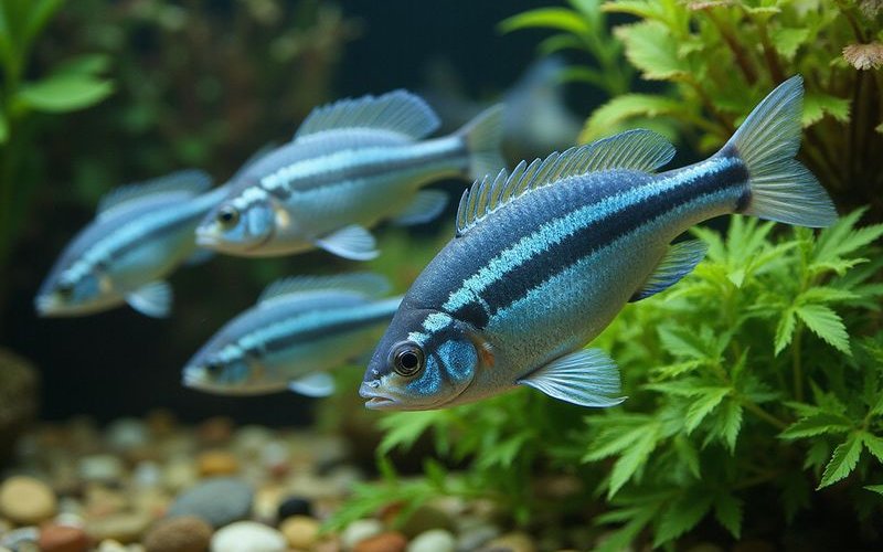 School of zebra danios swimming together in freshwater aquarium