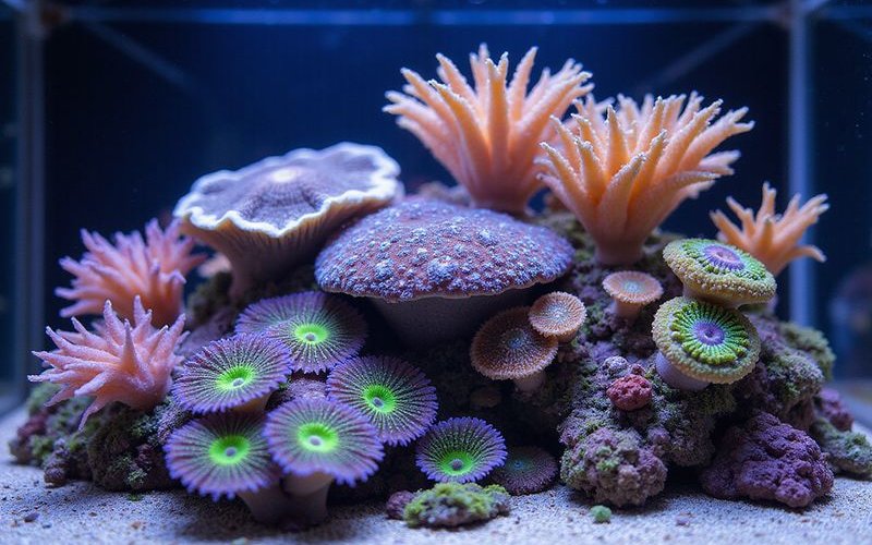 Vibrant coral display with multiple species in reef aquarium
