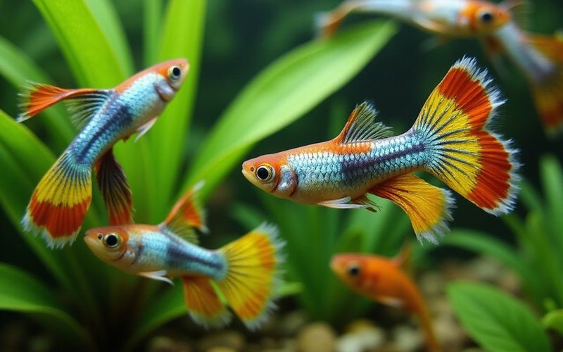 Group of colorful guppies swimming in planted freshwater aquarium