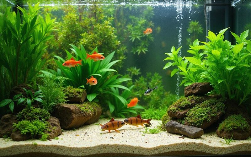 Colorful community aquarium with various tropical fish species swimming among live plants