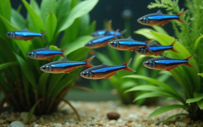 School of neon tetras swimming through planted aquarium