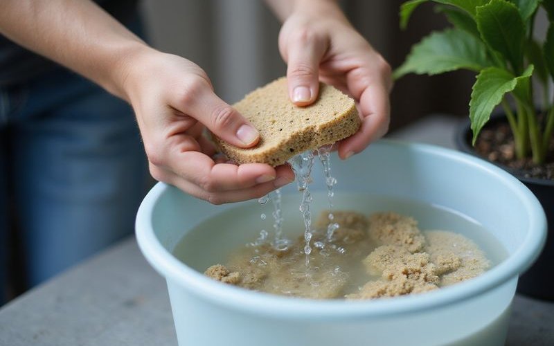 Aquarium filter being cleaned with filter media in bucket