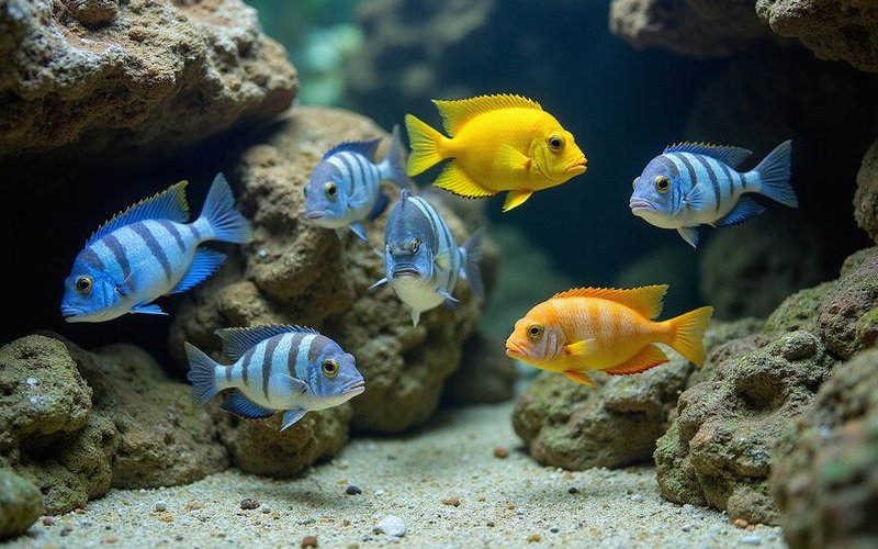 Group of colorful mbuna cichlids swimming among rocks in aquarium