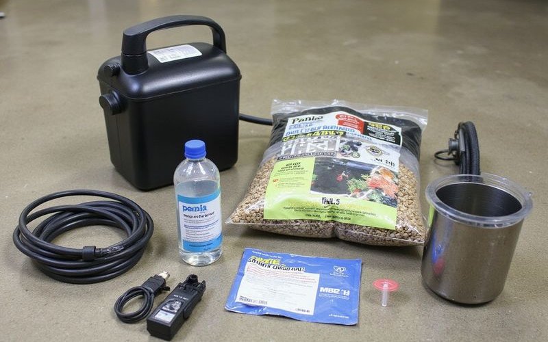 Complete aquarium equipment spread out including filter heater substrate and test kit