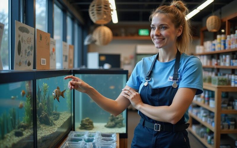 Expert staff member assisting customer with fish selection in freshwater section