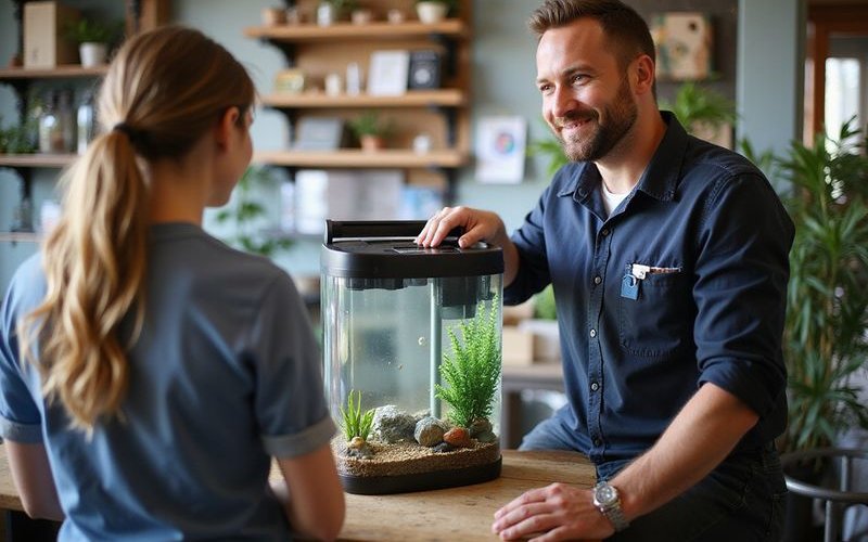 Staff member demonstrating aquarium filter to customer
