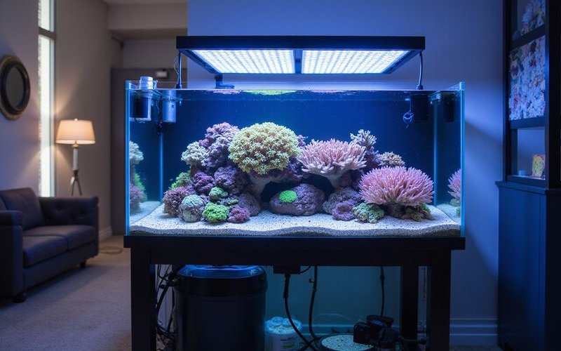 Modern saltwater aquarium setup with LED lighting and protein skimmer