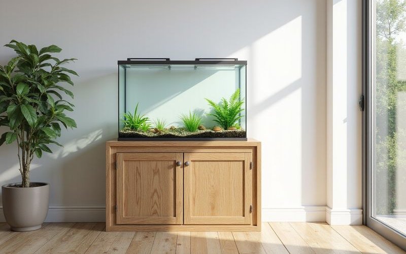 Empty aquarium tank with stand in well-lit room ready for setup