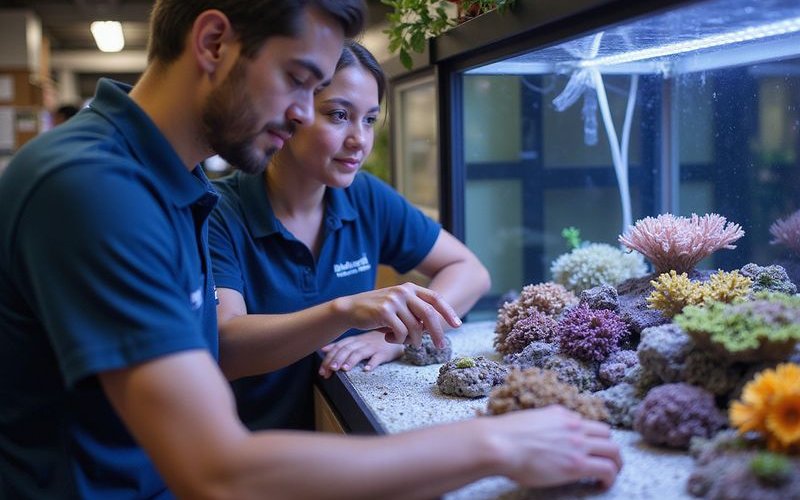 Staff member helping customer select coral frags for their reef tank