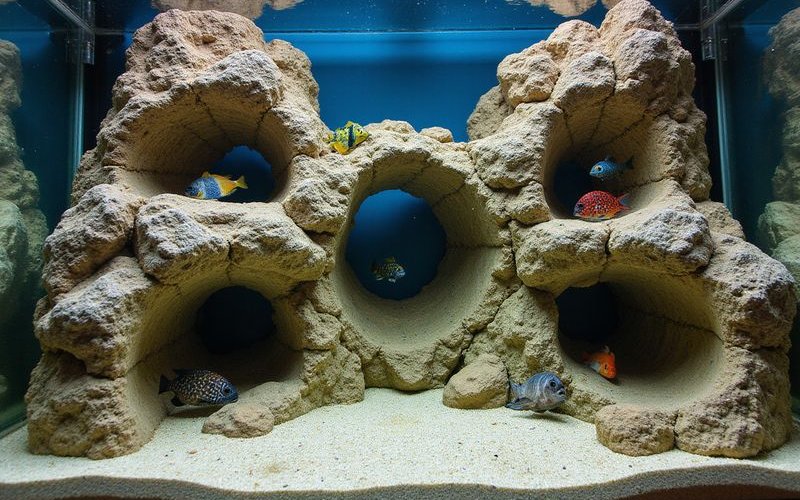 Elaborate rock formation in African cichlid aquarium providing caves and territories