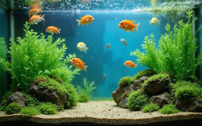 Clean crystal clear freshwater aquarium with healthy fish and plants