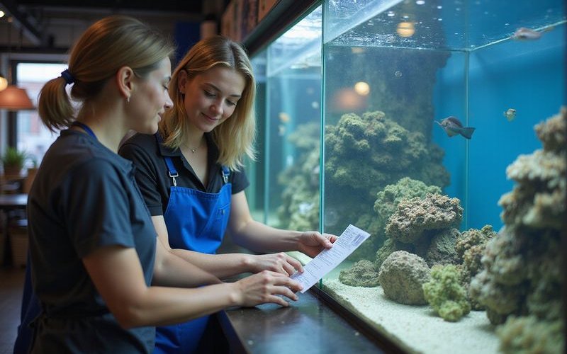 Expert helping customer select marine fish for their reef tank