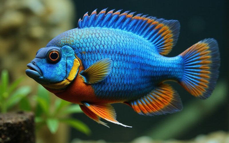 Male peacock cichlid displaying brilliant blue coloration