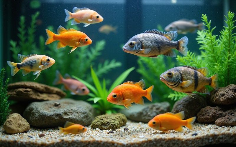 Peaceful community aquarium with various beginner fish species