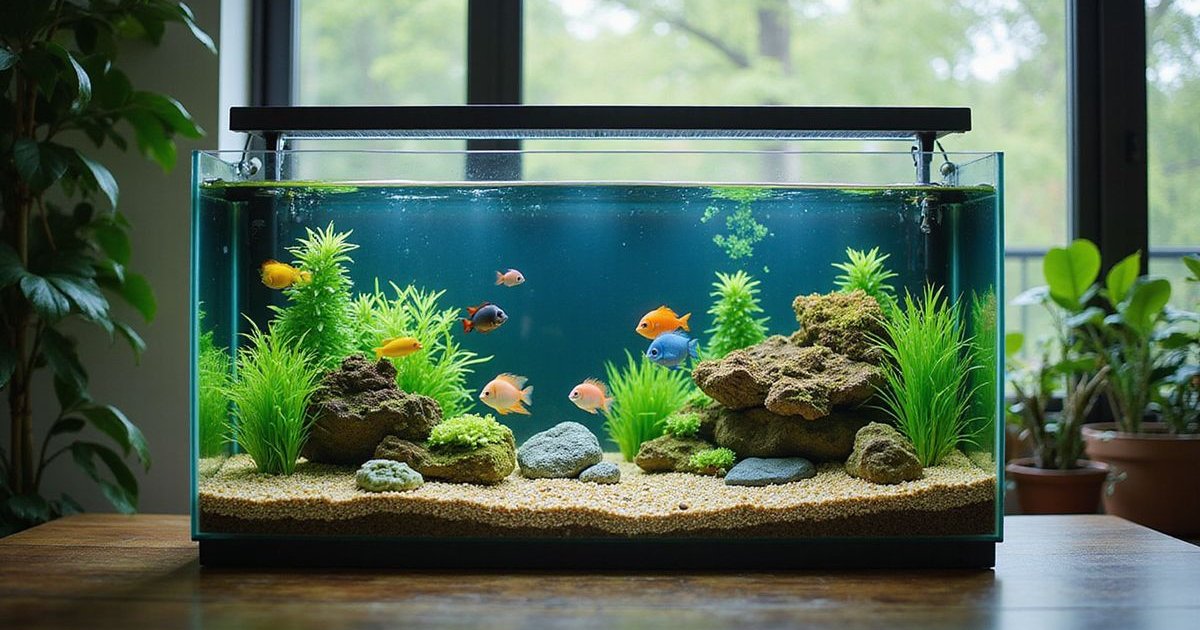 A beautifully planted freshwater aquarium with colorful tropical fish in a modern living room