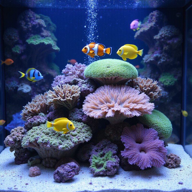 Vibrant coral reef aquarium at Gulf Coast Aquatics featuring colorful tropical fish